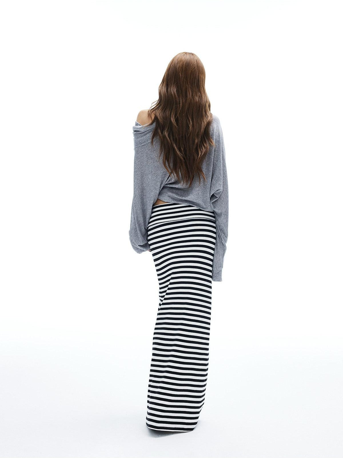 iamxiaa Black White Striped Foldover Waist Hline Women's Faux Camel Maxi Skirts