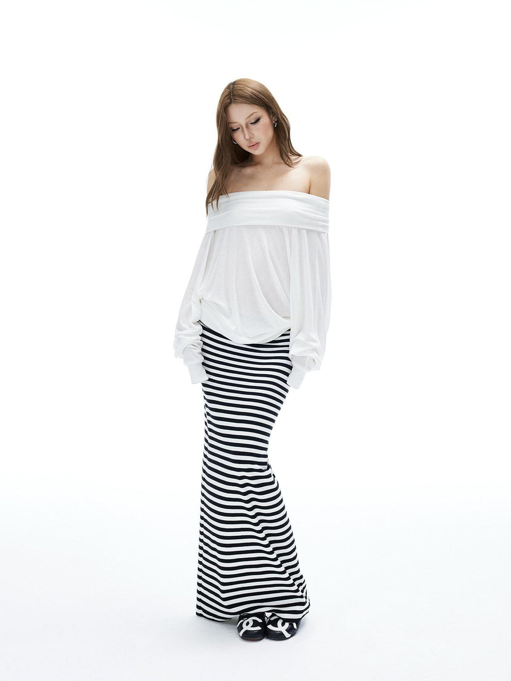 iamxiaa Black White Striped Foldover Waist Hline Women's Faux Camel Maxi Skirts