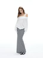 iamxiaa Black White Striped Foldover Waist Hline Women's Faux Camel Maxi Skirts