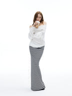 iamxiaa Black White Striped Foldover Waist Hline Women's Faux Camel Maxi Skirts
