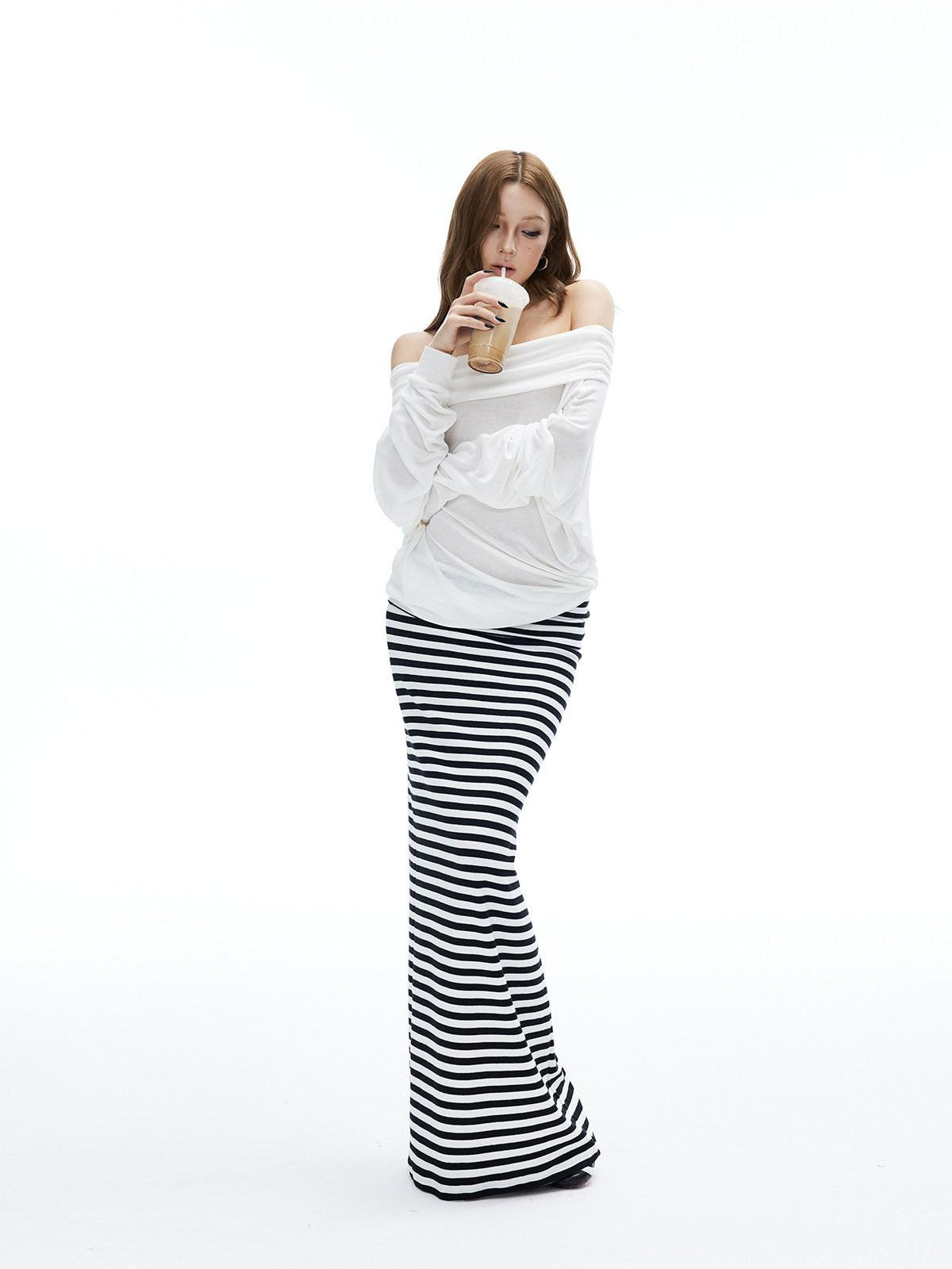 iamxiaa Black White Striped Foldover Waist Hline Women's Faux Camel Maxi Skirts