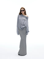 iamxiaa Black White Striped Foldover Waist Hline Women's Faux Camel Maxi Skirts