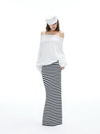 iamxiaa Black White Striped Foldover Waist Hline Women's Faux Camel Maxi Skirts