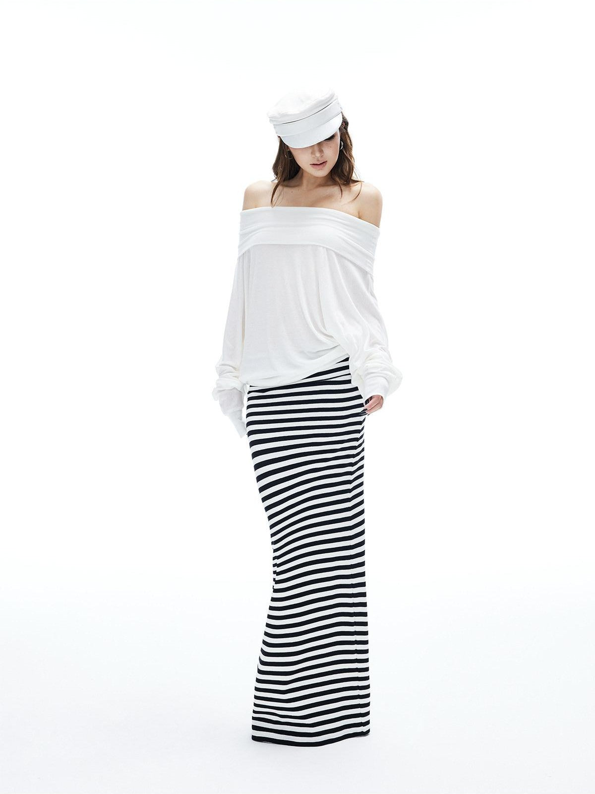 iamxiaa Black White Striped Foldover Waist Hline Women's Faux Camel Maxi Skirts