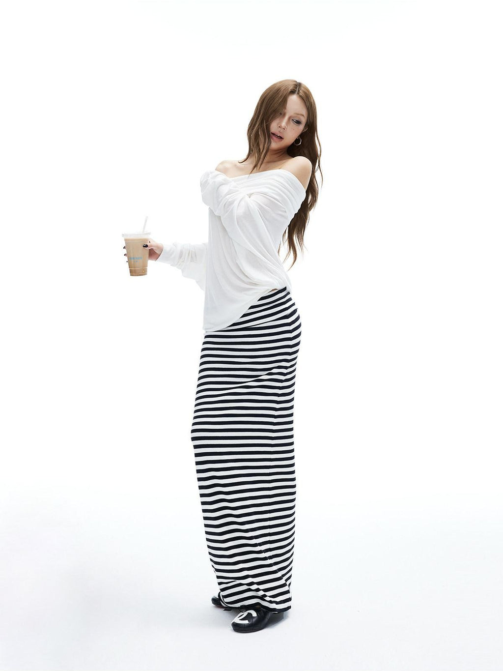 iamxiaa Black White Striped Foldover Waist Hline Women's Faux Camel Maxi Skirts
