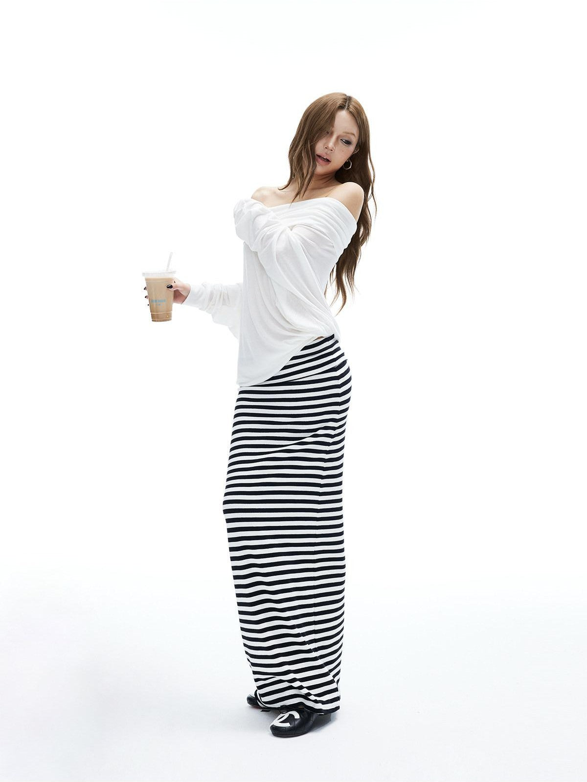 iamxiaa Black White Striped Foldover Waist Hline Women's Faux Camel Maxi Skirts