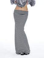 iamxiaa Black White Striped Foldover Waist Hline Women's Faux Camel Maxi Skirts
