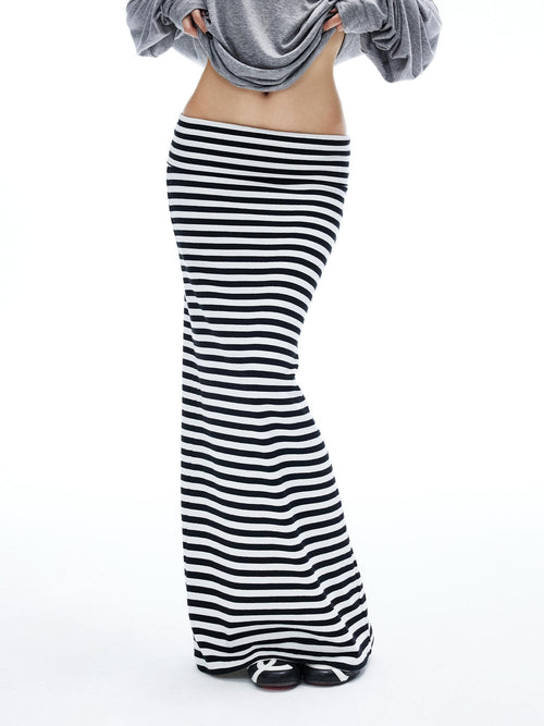 iamxiaa Black White Striped Foldover Waist Hline Women's Faux Camel Maxi Skirts