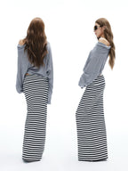 iamxiaa Black White Striped Foldover Waist Hline Women's Faux Camel Maxi Skirts