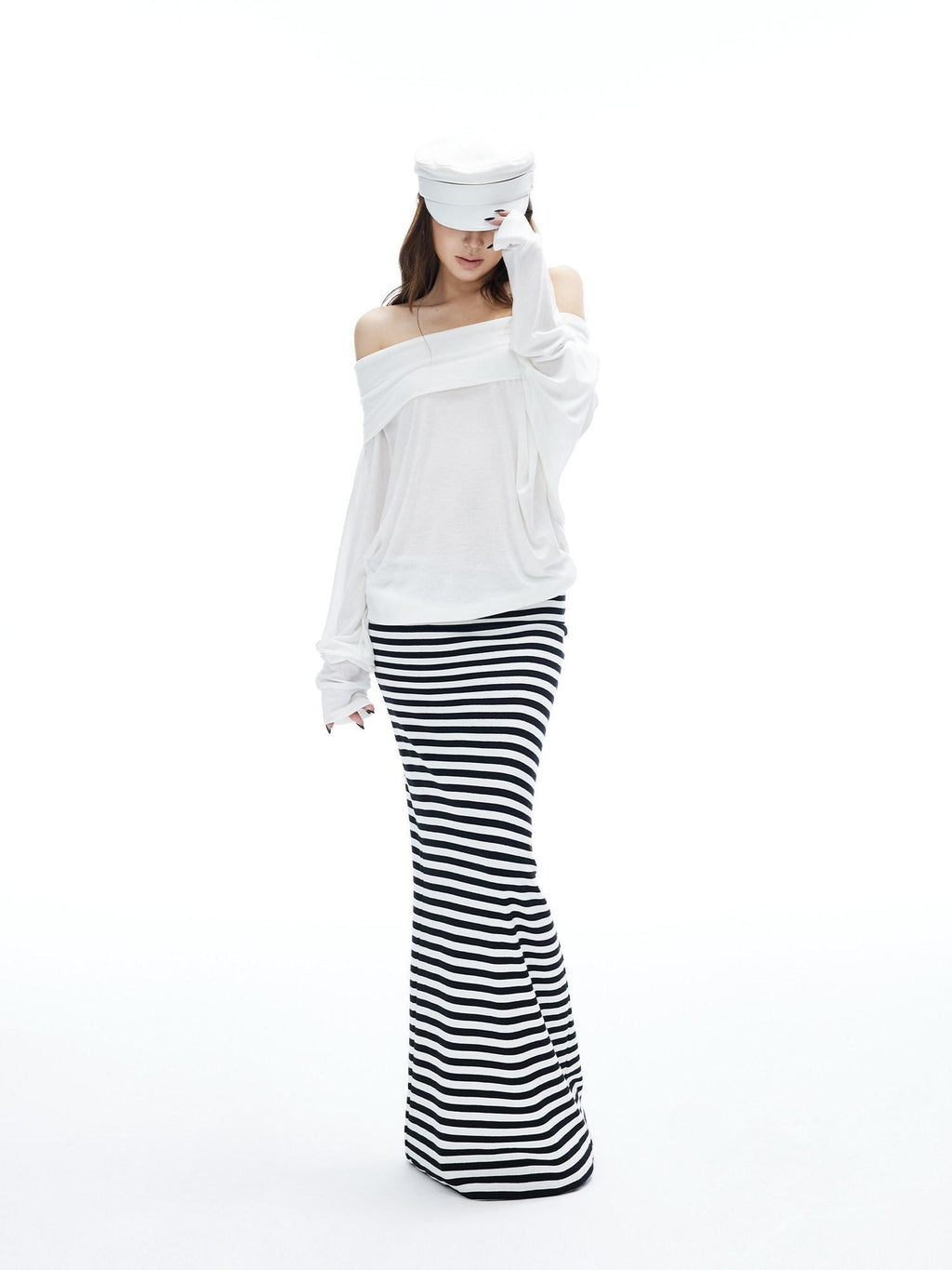 iamxiaa Black White Striped Foldover Waist Hline Women's Faux Camel Maxi Skirts