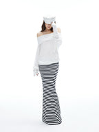 iamxiaa Black White Striped Foldover Waist Hline Women's Faux Camel Maxi Skirts