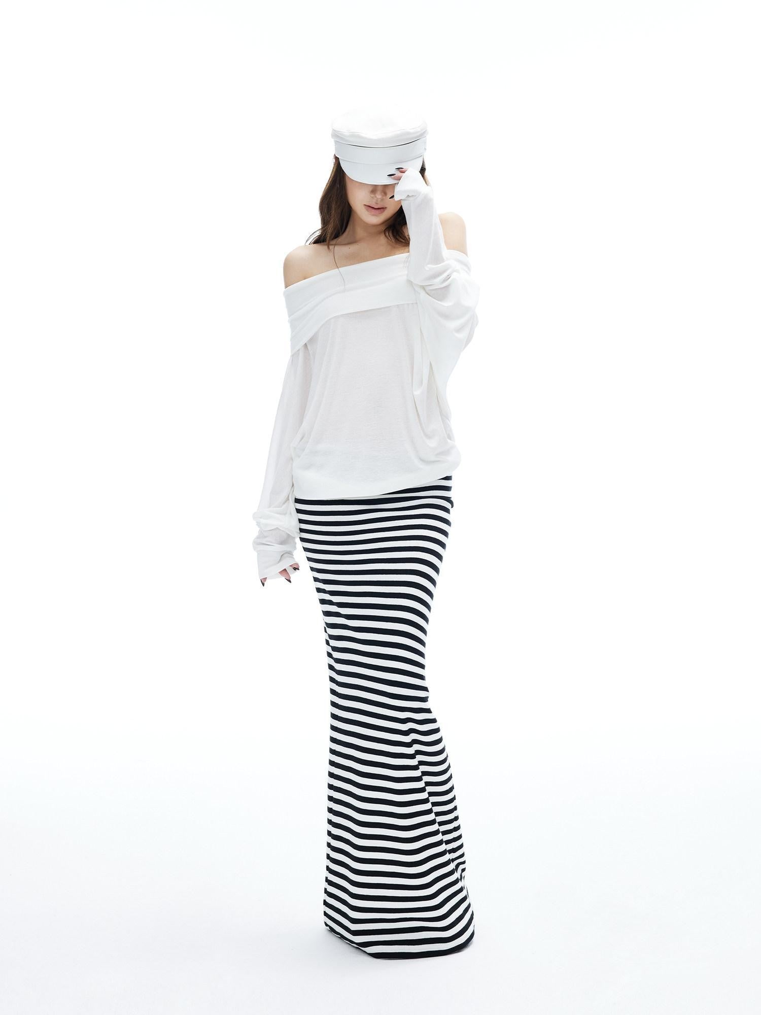 iamxiaa Black White Striped Foldover Waist Hline Women's Faux Camel Maxi Skirts