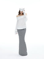 iamxiaa Black White Striped Foldover Waist Hline Women's Faux Camel Maxi Skirts