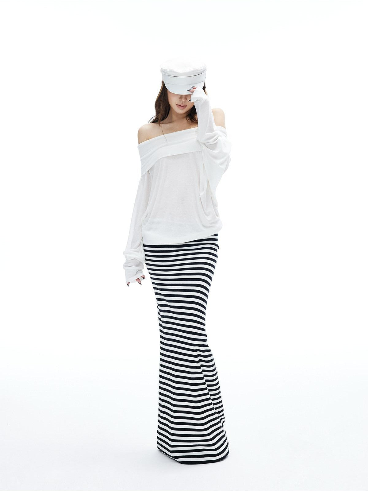 iamxiaa Black White Striped Foldover Waist Hline Women's Faux Camel Maxi Skirts