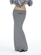 iamxiaa Black White Striped Foldover Waist Hline Women's Faux Camel Maxi Skirts