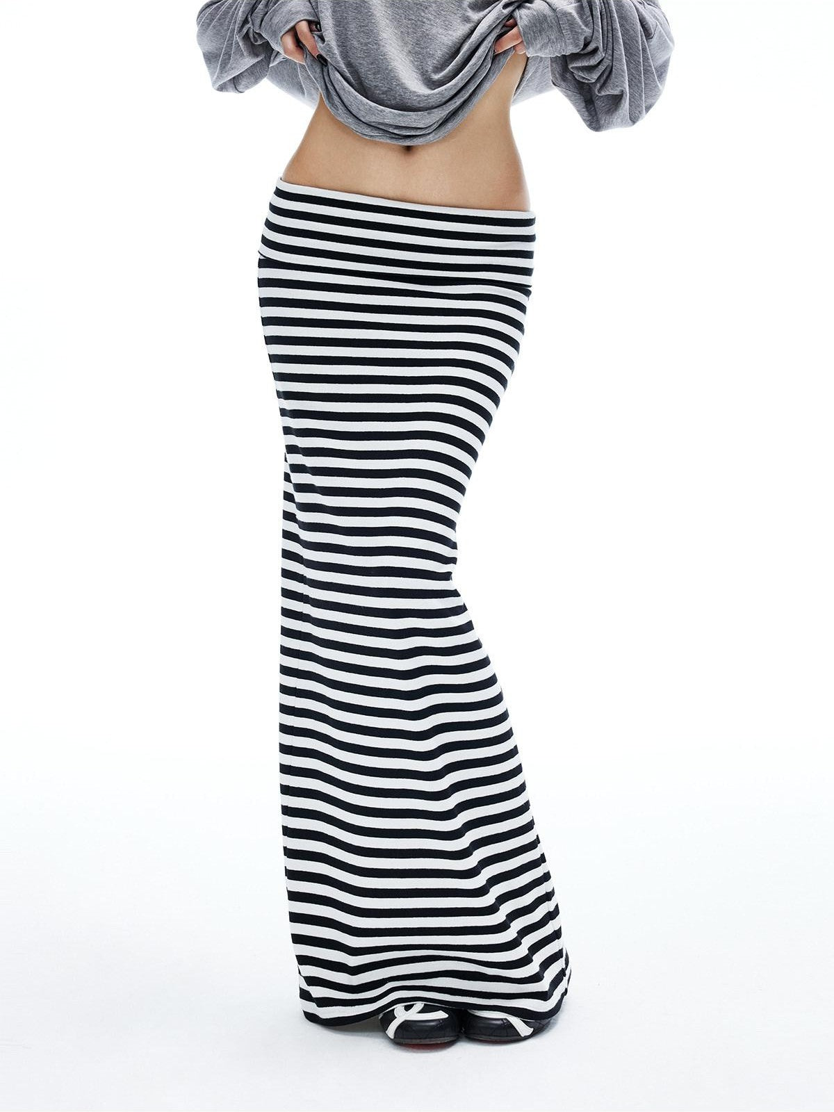 iamxiaa Black White Striped Foldover Waist Hline Women's Faux Camel Maxi Skirts