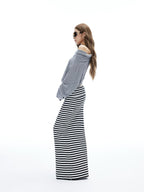 iamxiaa Black White Striped Foldover Waist Hline Women's Faux Camel Maxi Skirts