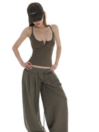 iamxiaa Bone Button U Neck Racerback Low Rise Women's Wide Ribbed Wide-leg Pants