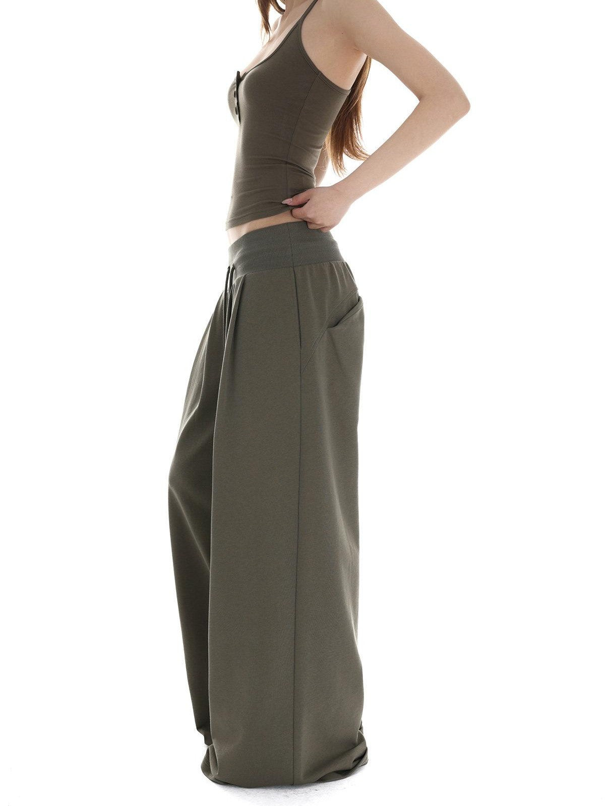iamxiaa Bone Button U Neck Racerback Low Rise Women's Wide Ribbed Wide-leg Pants