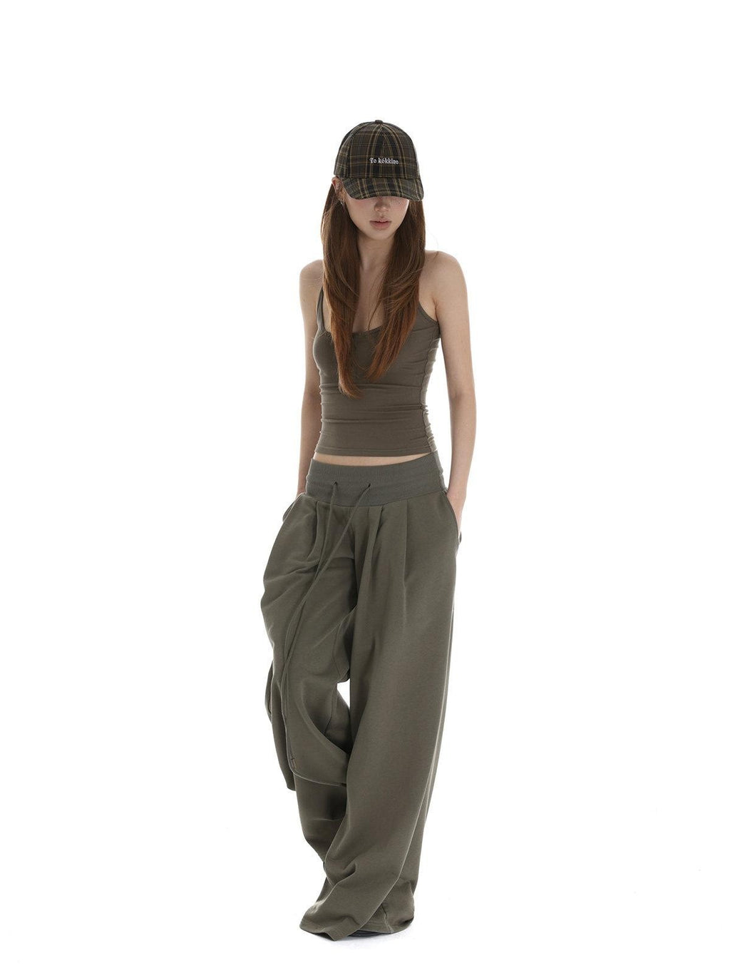 iamxiaa Bone Button U Neck Racerback Low Rise Women's Wide Ribbed Wide-leg Pants