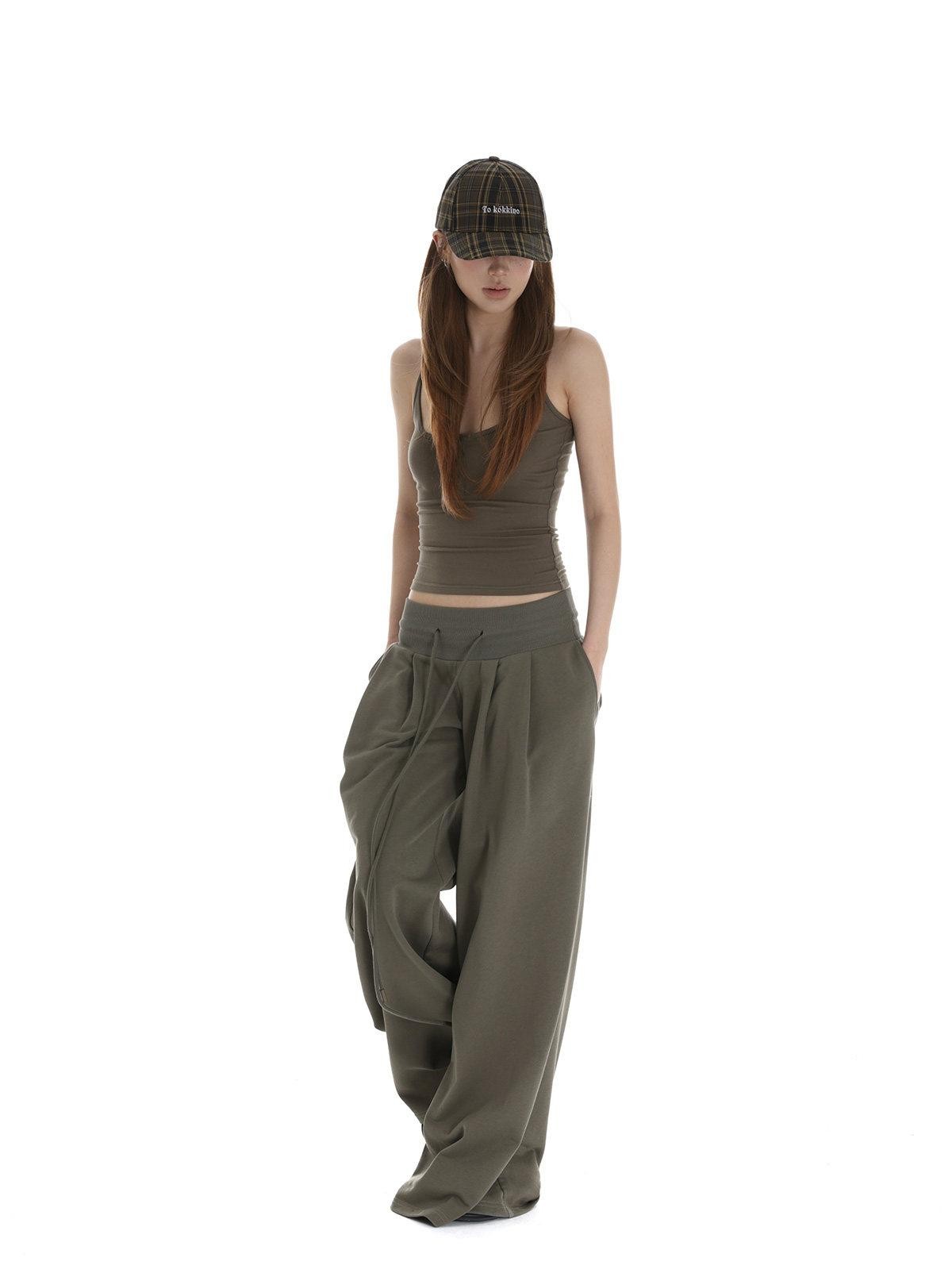 iamxiaa Bone Button U Neck Racerback Low Rise Women's Wide Ribbed Wide-leg Pants