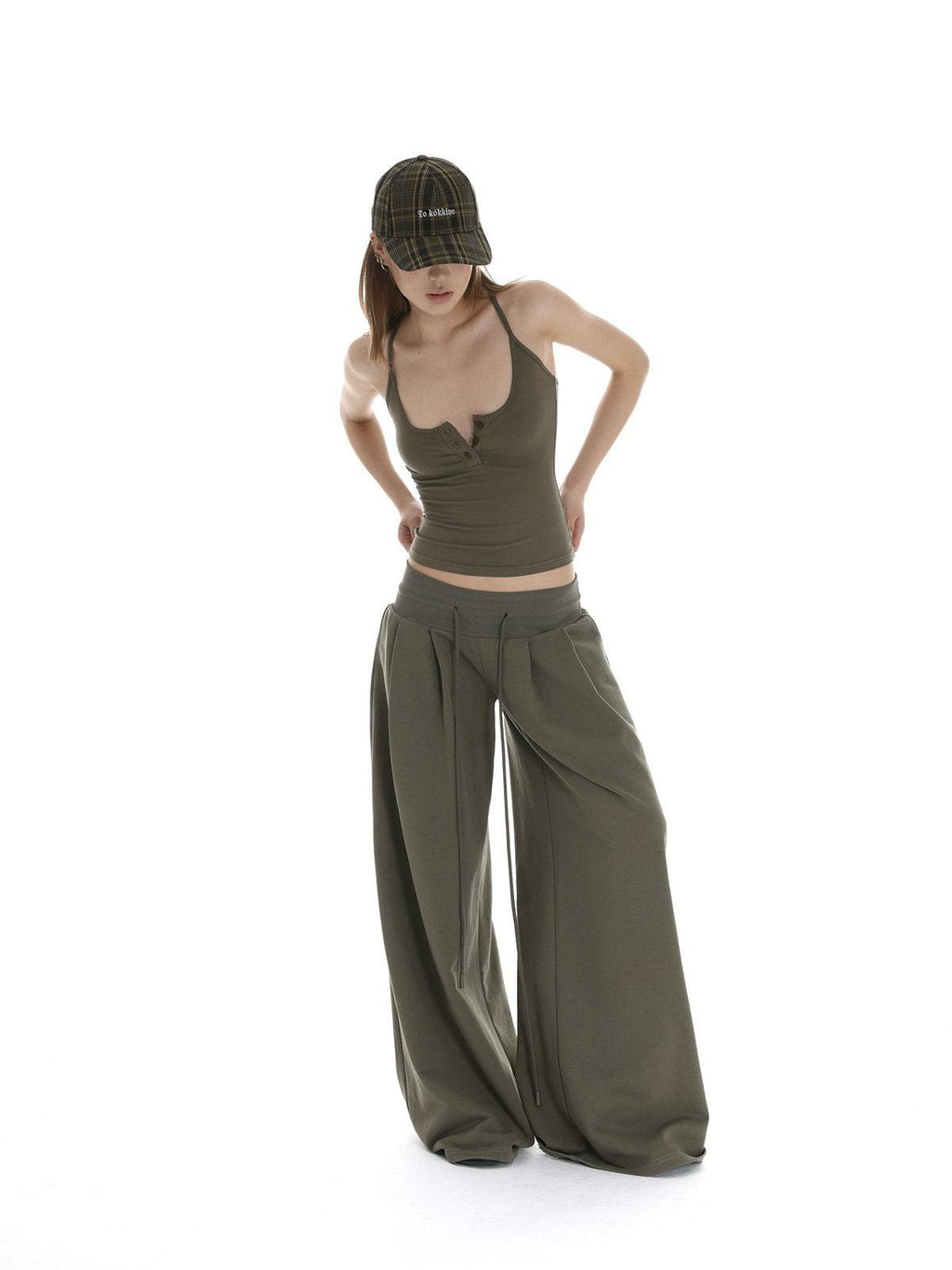 iamxiaa Bone Button U Neck Racerback Low Rise Women's Wide Ribbed Wide-leg Pants