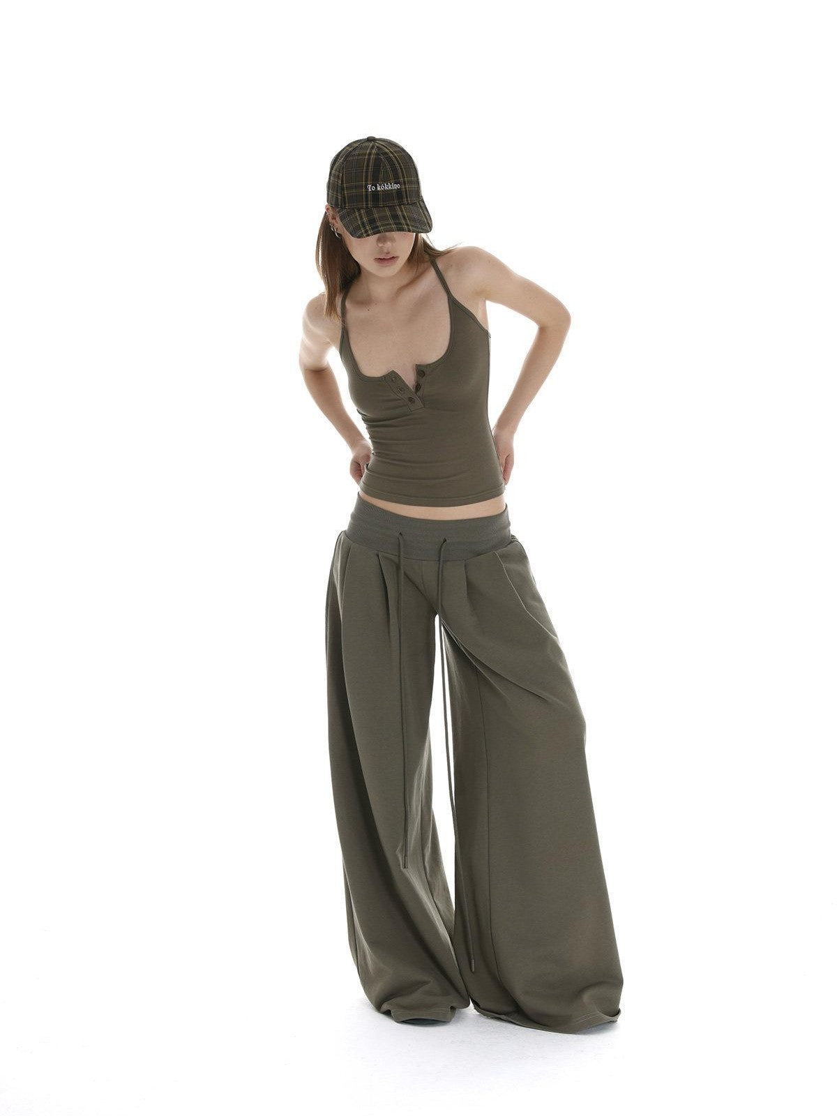 iamxiaa Bone Button U Neck Racerback Low Rise Women's Wide Ribbed Wide-leg Pants