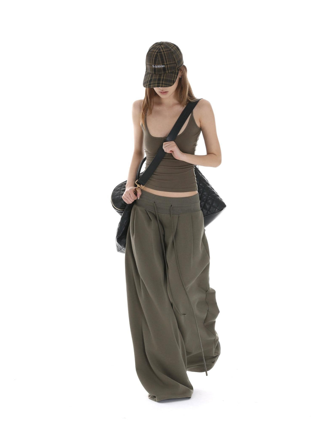 iamxiaa Bone Button U Neck Racerback Low Rise Women's Wide Ribbed Wide-leg Pants