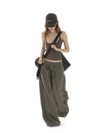 iamxiaa Bone Button U Neck Racerback Low Rise Women's Wide Ribbed Wide-leg Pants