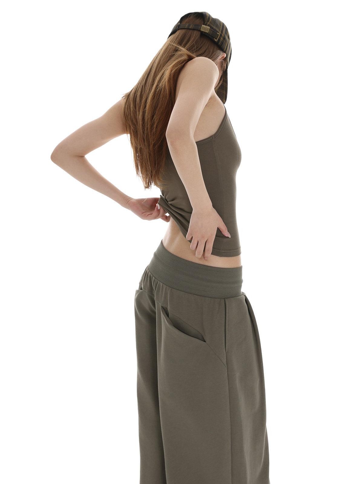 iamxiaa Bone Button U Neck Racerback Low Rise Women's Wide Ribbed Wide-leg Pants