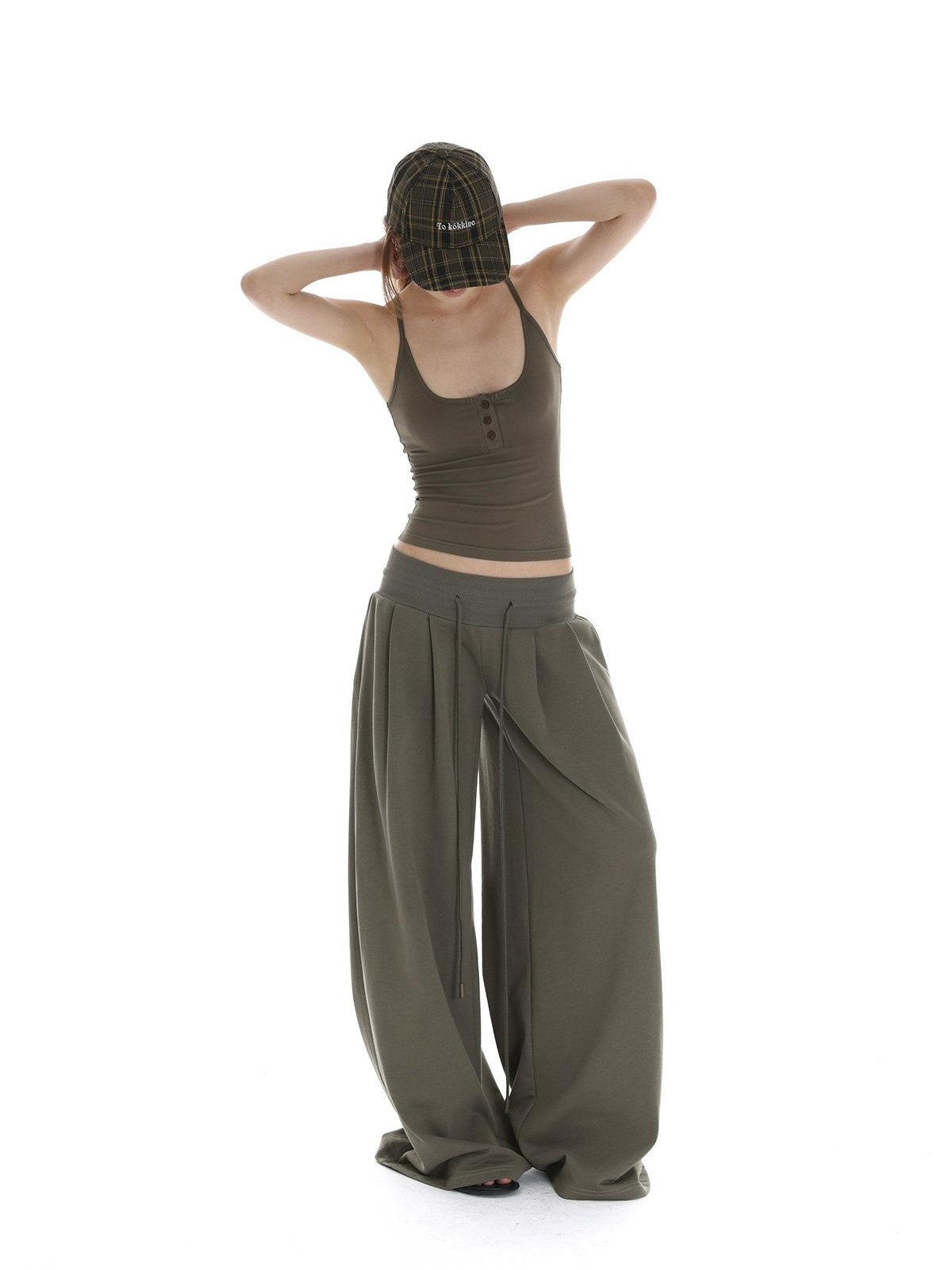 iamxiaa Bone Button U Neck Racerback Low Rise Women's Wide Ribbed Wide-leg Pants