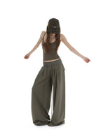 iamxiaa Bone Button U Neck Racerback Low Rise Women's Wide Ribbed Wide-leg Pants