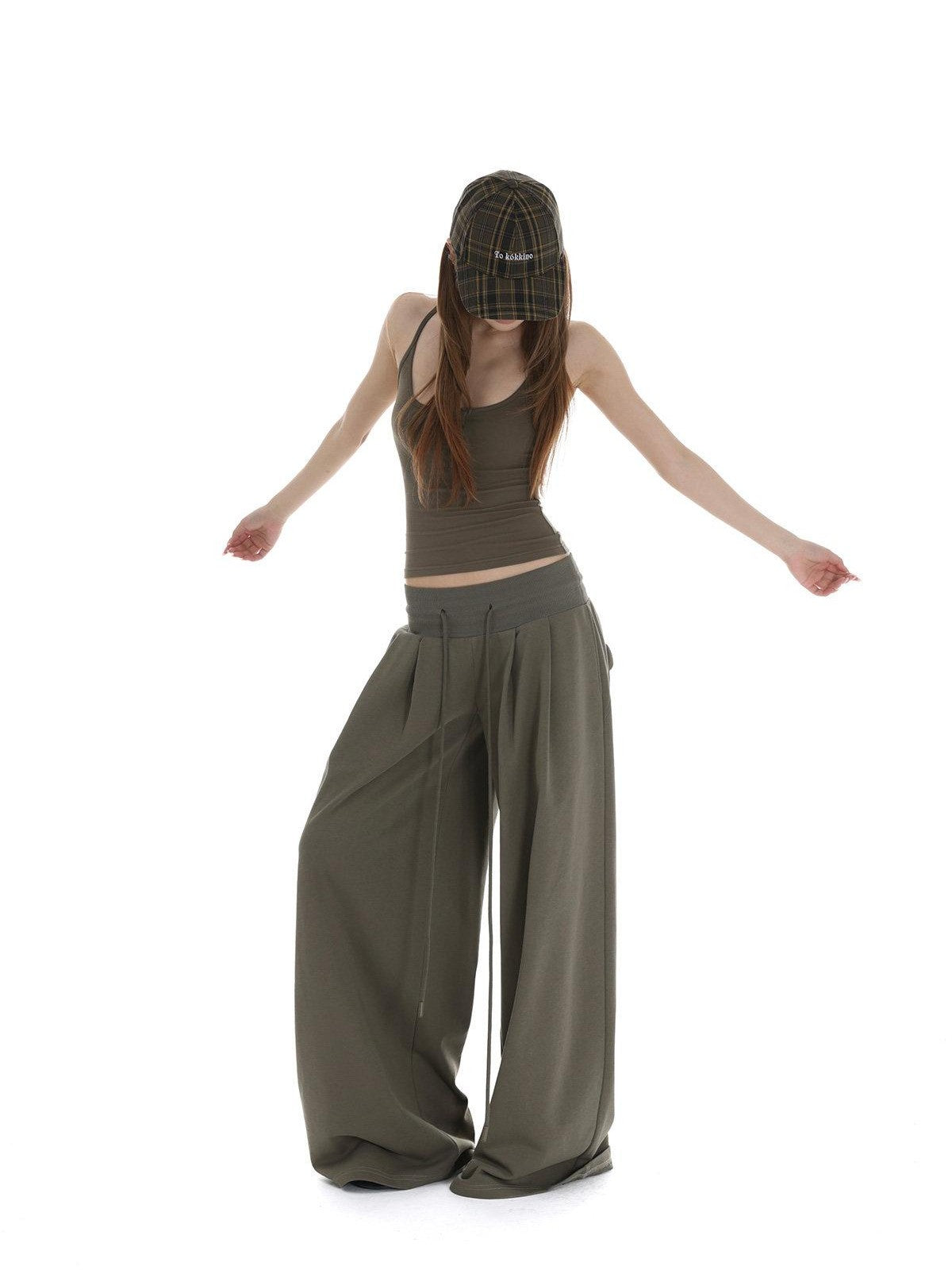 iamxiaa Bone Button U Neck Racerback Low Rise Women's Wide Ribbed Wide-leg Pants