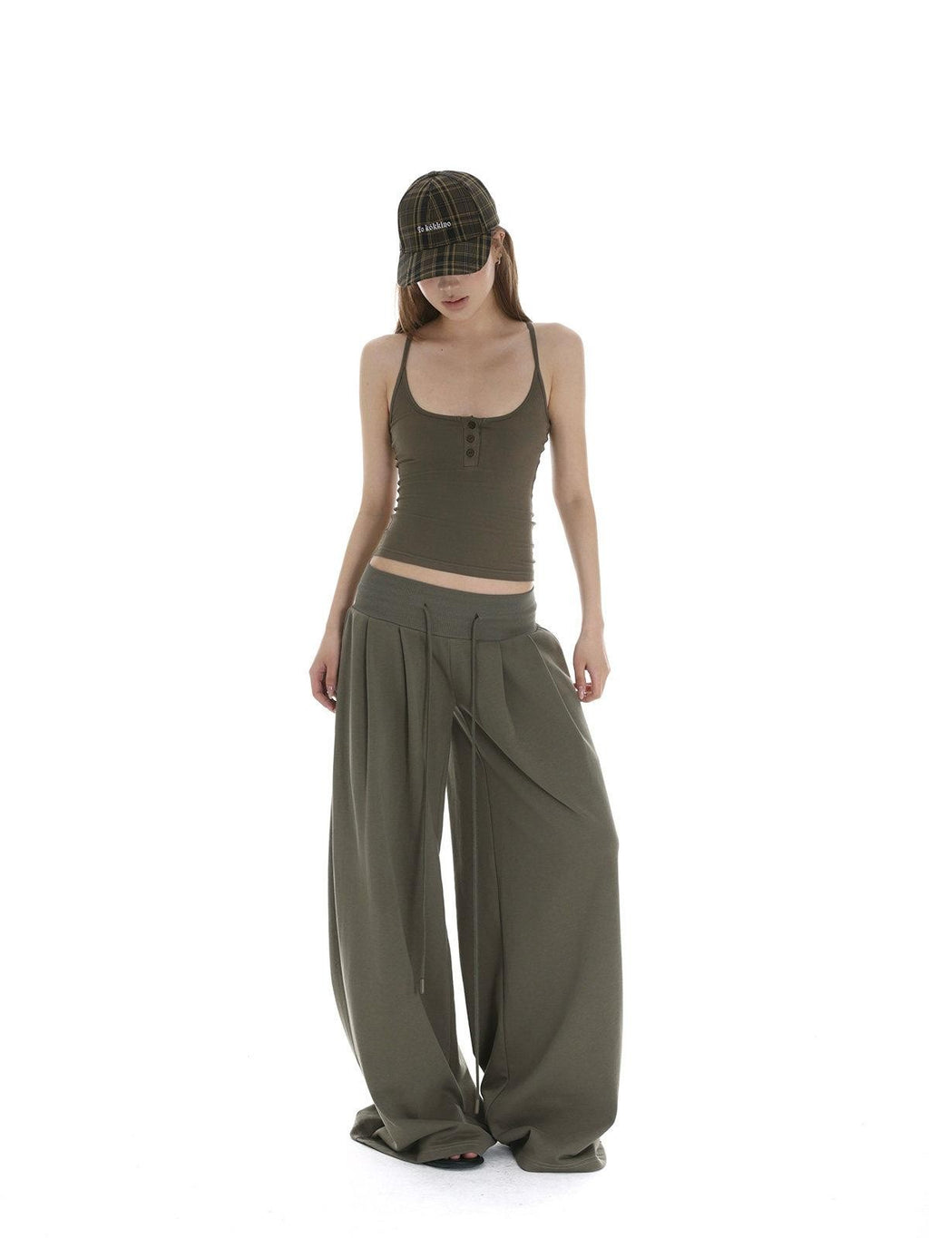 iamxiaa Bone Button U Neck Racerback Low Rise Women's Wide Ribbed Wide-leg Pants