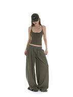iamxiaa Bone Button U Neck Racerback Low Rise Women's Wide Ribbed Wide-leg Pants