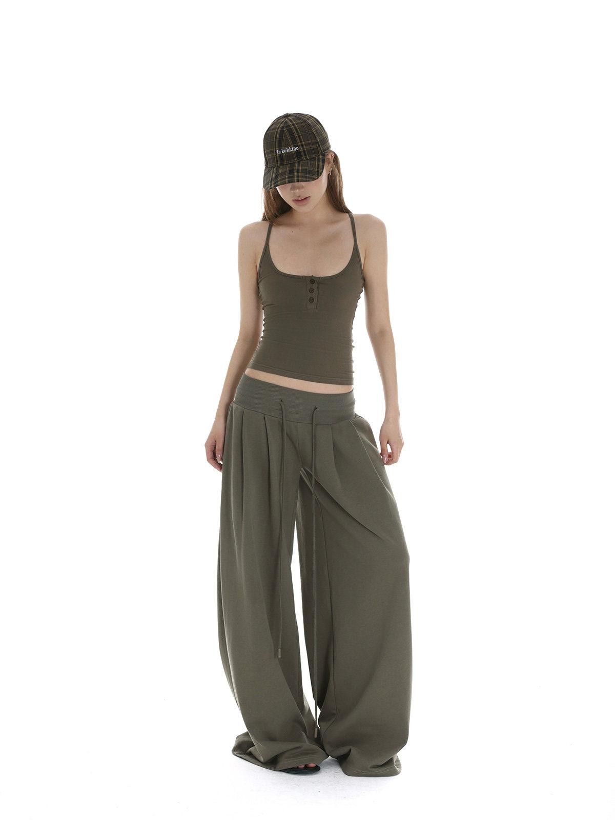iamxiaa Bone Button U Neck Racerback Low Rise Women's Wide Ribbed Wide-leg Pants