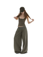 iamxiaa Bone Button U Neck Racerback Low Rise Women's Wide Ribbed Wide-leg Pants