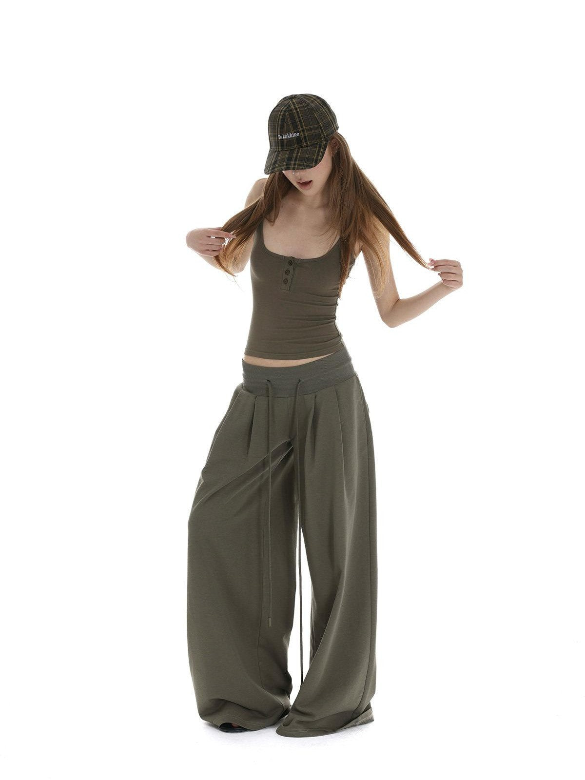 iamxiaa Bone Button U Neck Racerback Low Rise Women's Wide Ribbed Wide-leg Pants