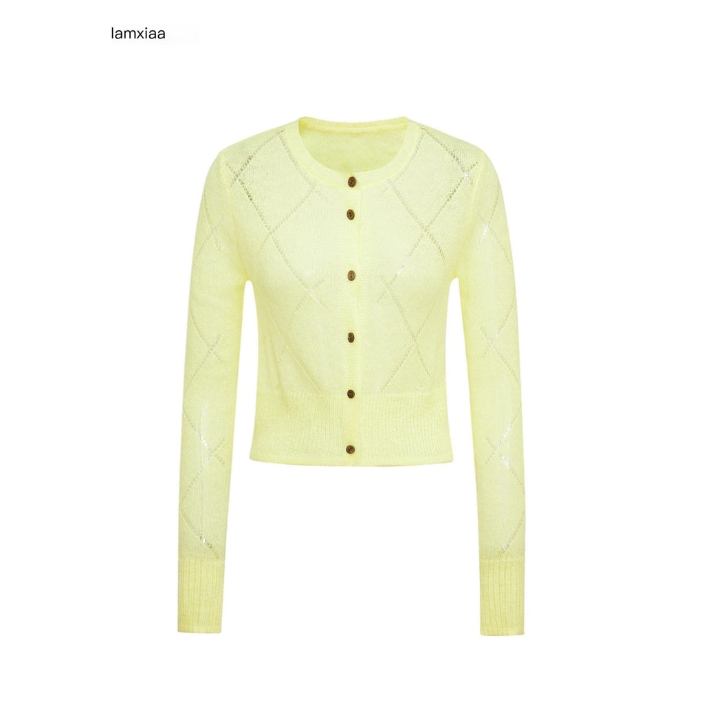 iamxiaa Brown Yellow Openwork Diamond Texture Women's Alpaca Wool Blend Cardigans 967354357460