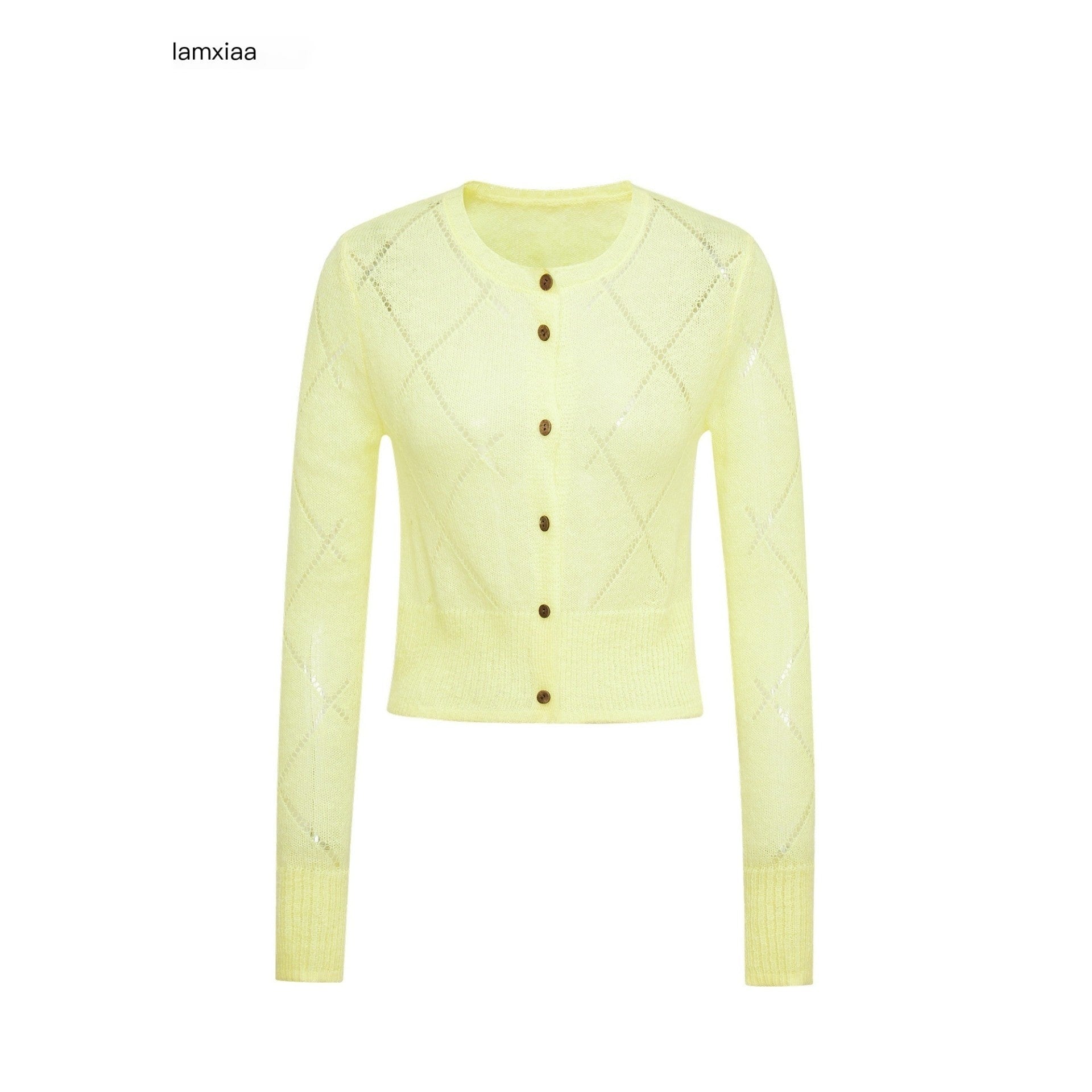iamxiaa Brown Yellow Openwork Diamond Texture Women's Alpaca Wool Blend Cardigans 967354357460