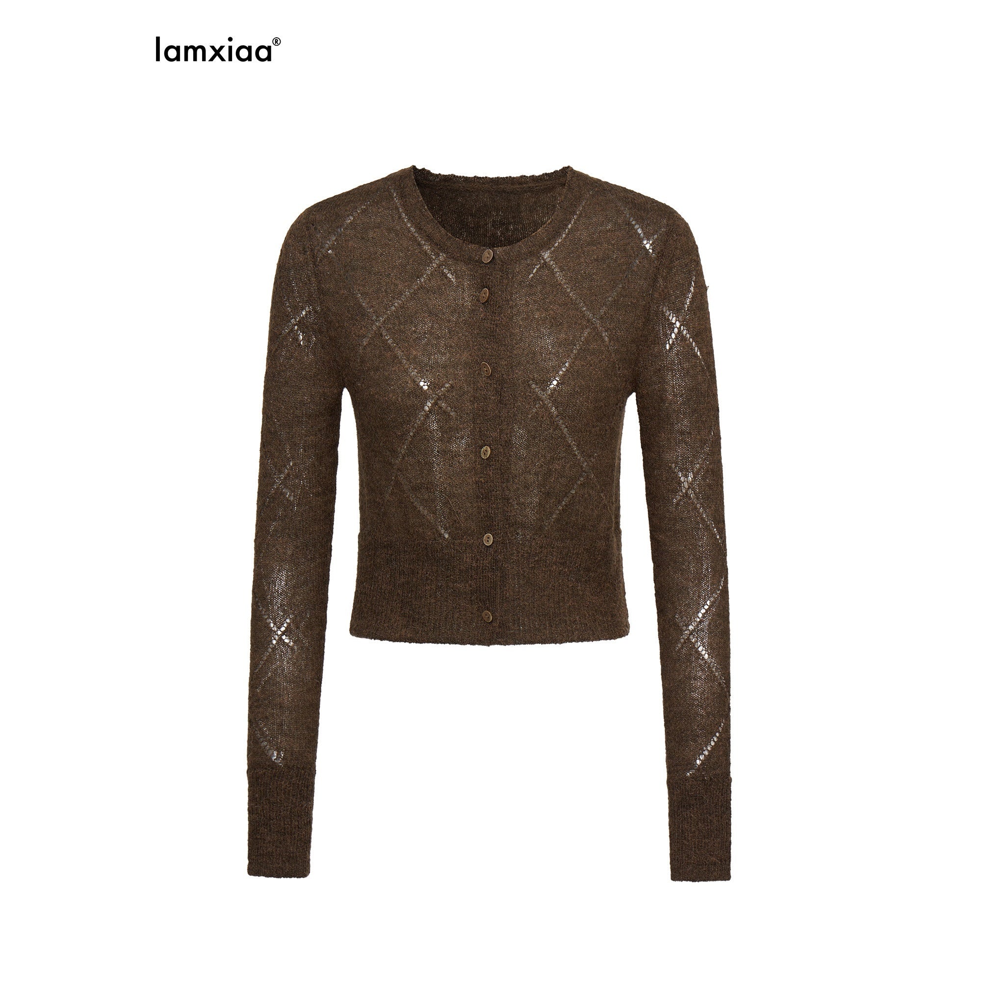 iamxiaa Brown Yellow Openwork Diamond Texture Women's Alpaca Wool Blend Cardigans 967354357460