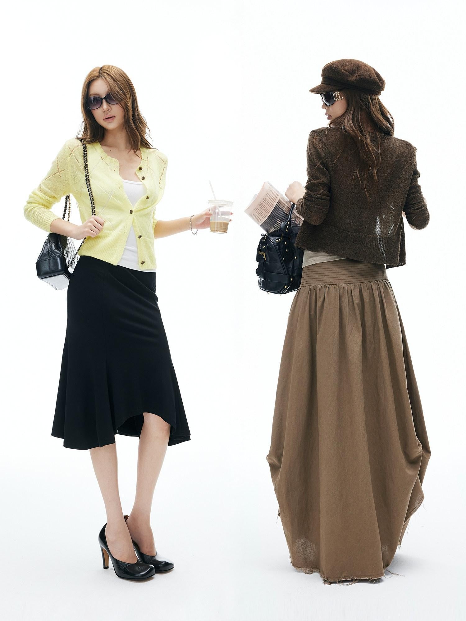 iamxiaa Brown Yellow Openwork Diamond Texture Women's Alpaca Wool Blend Cardigans