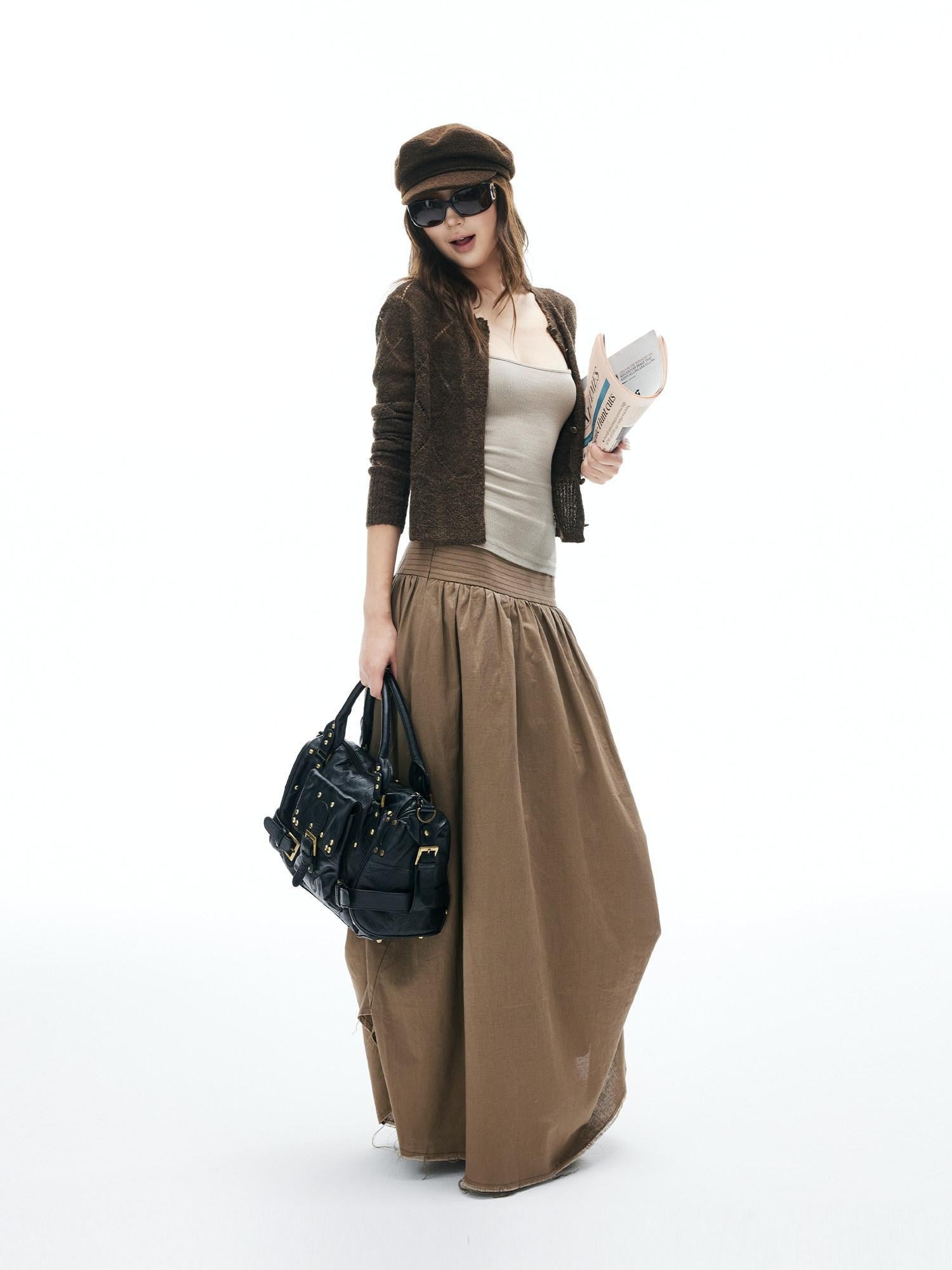 iamxiaa Brown Yellow Openwork Diamond Texture Women's Alpaca Wool Blend Cardigans