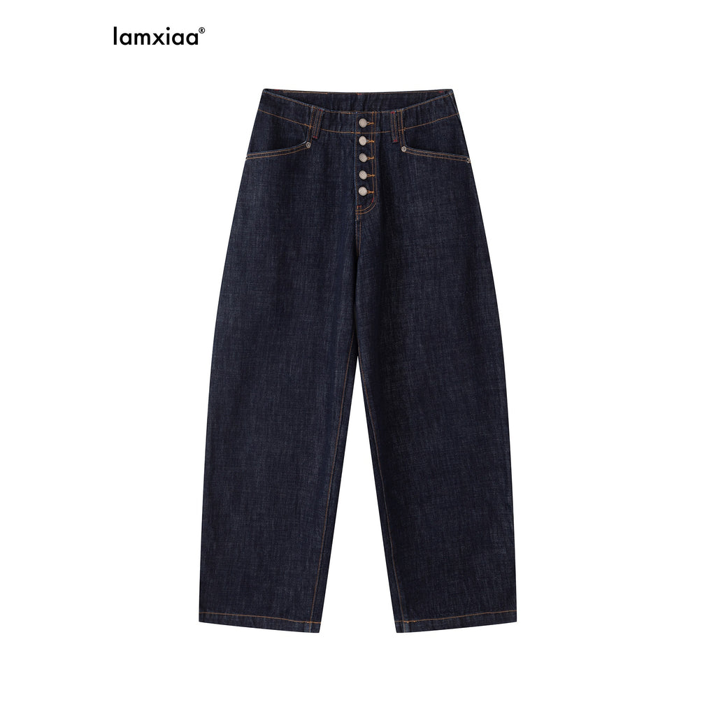 iamxiaa Button Fly Contrast Stitch Curved Cut Women's Raw Denim Wide-leg Jeans 950280086428