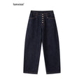 iamxiaa Button Fly Contrast Stitch Curved Cut Women's Raw Denim Wide-leg Jeans 950280086428