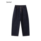 iamxiaa Button Fly Contrast Stitch Curved Cut Women's Raw Denim Wide-leg Jeans 950280086428