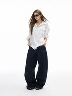 iamxiaa Button Fly Contrast Stitch Curved Cut Women's Raw Denim Wide-leg Jeans