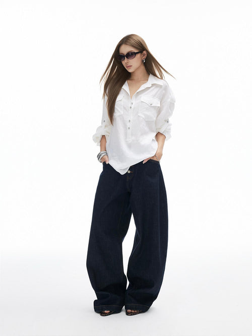 iamxiaa Button Fly Contrast Stitch Curved Cut Women's Raw Denim Wide-leg Jeans