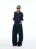 iamxiaa Button Fly Contrast Stitch Curved Cut Women's Raw Denim Wide-leg Jeans