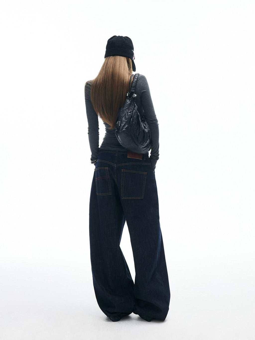 iamxiaa Button Fly Contrast Stitch Curved Cut Women's Raw Denim Wide-leg Jeans